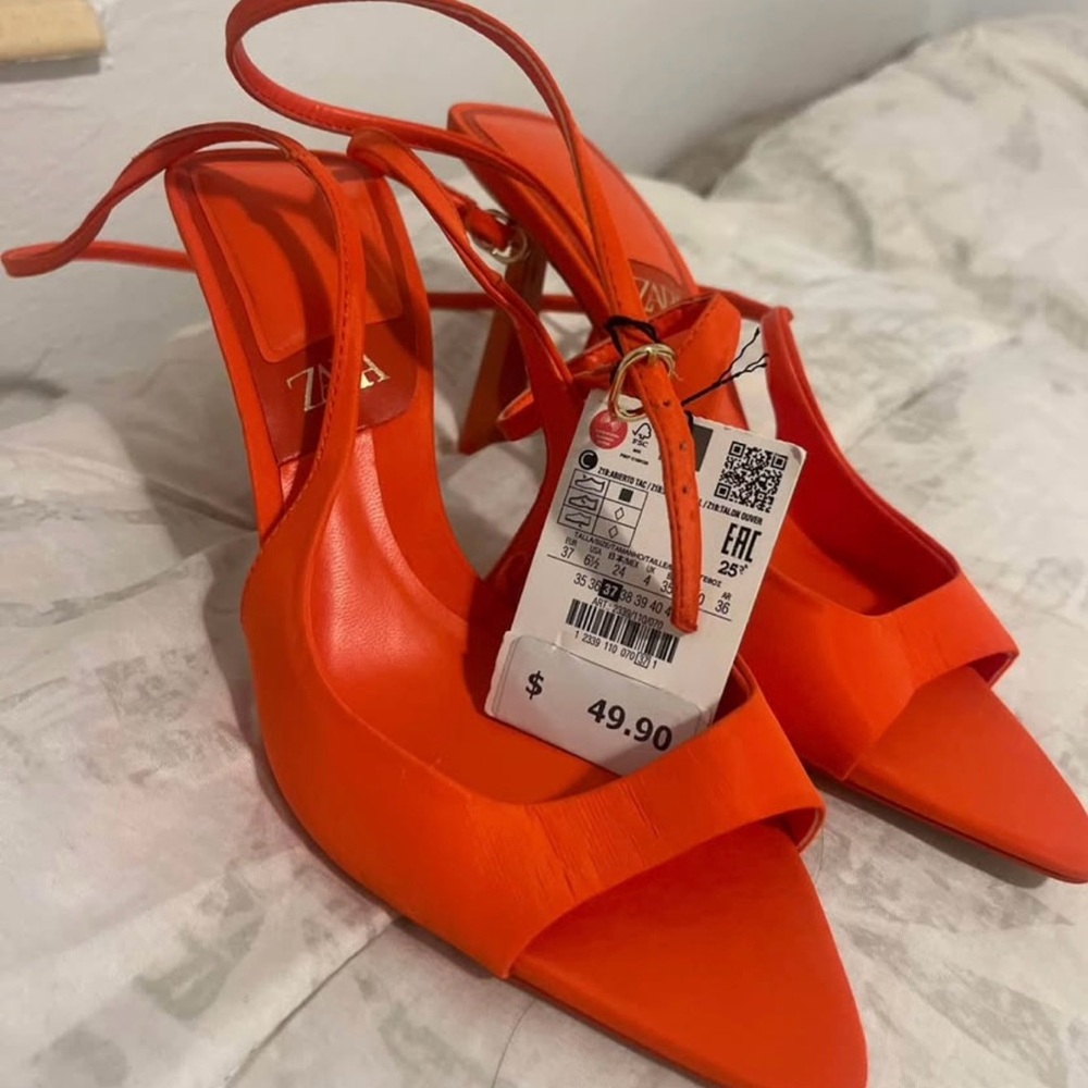 Zara Orange Suede Kitten Heels with Ankle Straps